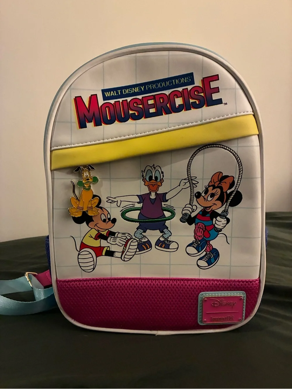 Disney Loungefly  Mousercise Mini Backpack – White, Pink, Yellow